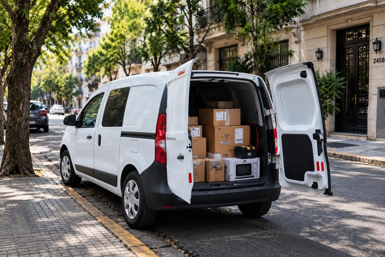 Kangoo cargada con cajas y un electrodoméstico
