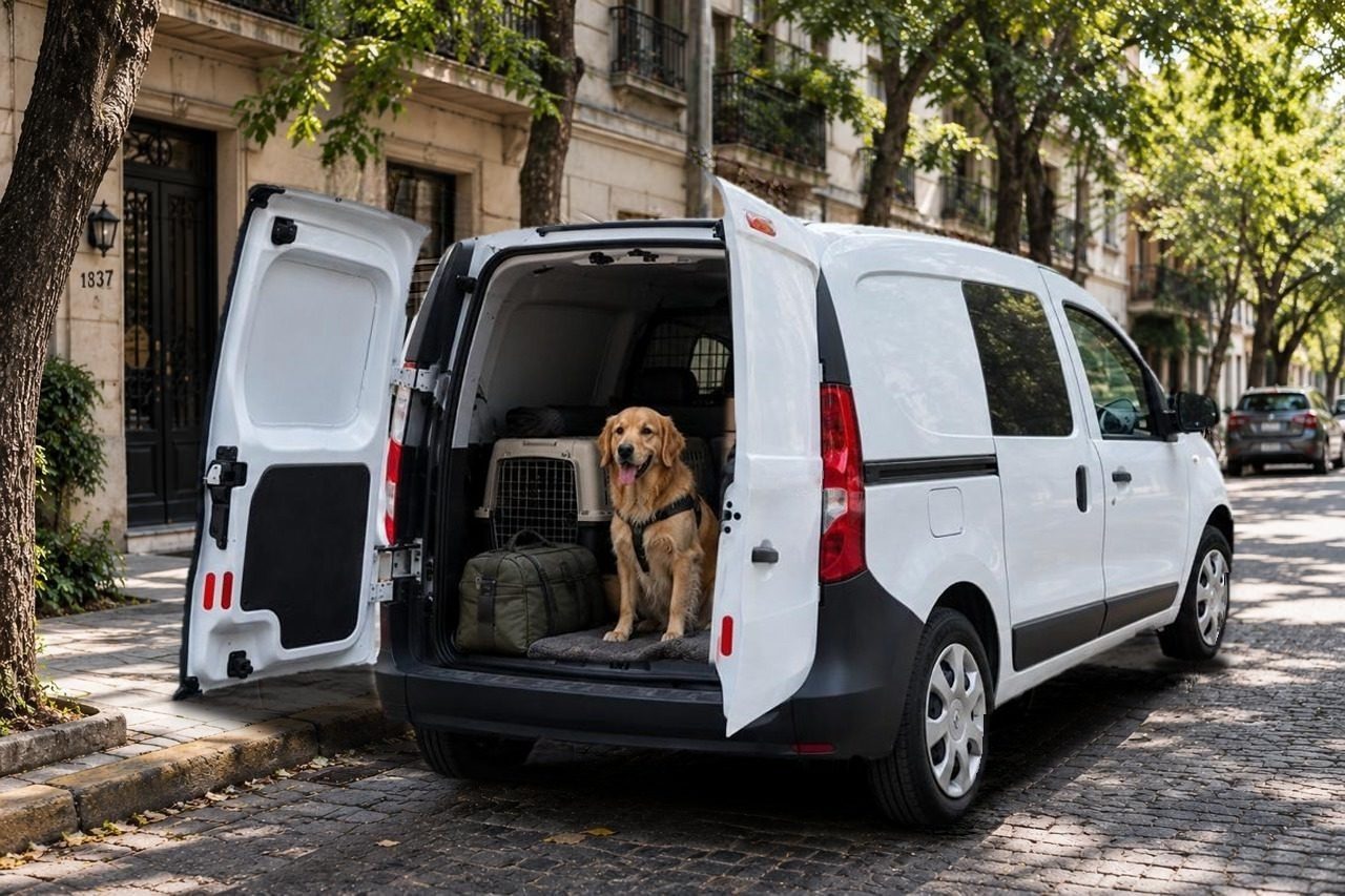 Perro listo para viajar en la Kangoo, con su transportadora